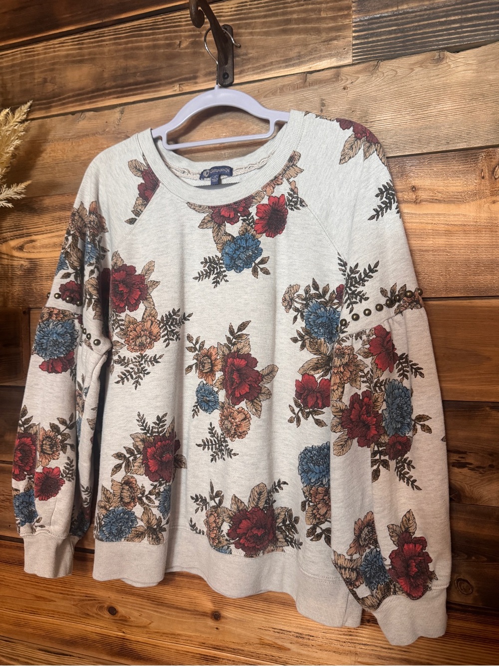 Democracy Large Cream Floral Crewneck Sweatshirt - Fall Boho